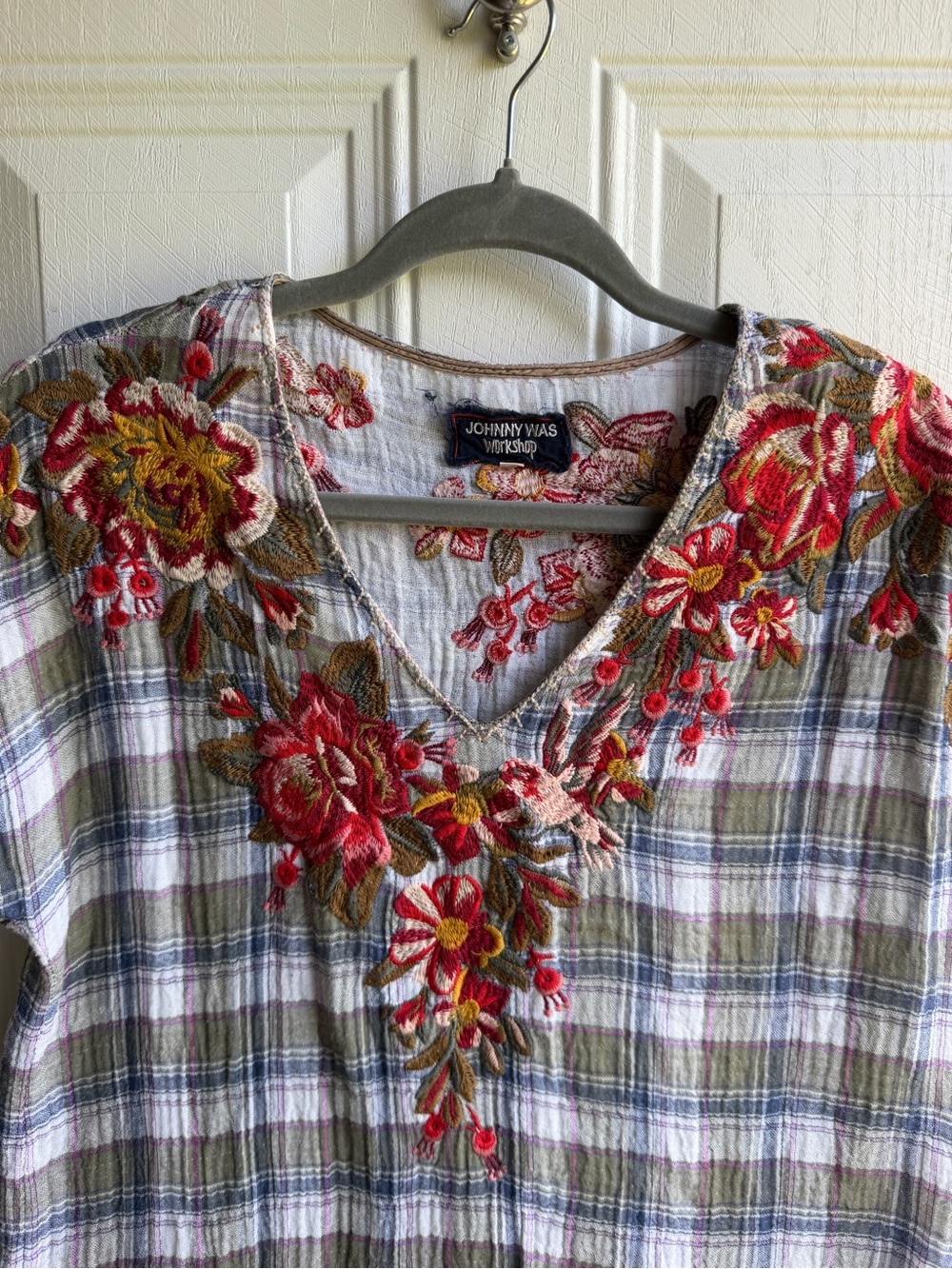Johnny Was Workshop Embroidered Plaid Gauze Boho Bird Top Medium Floral - Picture 2 of 12